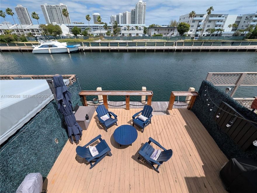 TURN-KEY WATERFRONT TOWNHOME WITH PRIVATE DOCK — GUARD-GATED EASTERN SHORES. This immaculate 3BR/2.5BA two-story townhome sits on a wide, ocean-access canal with a private dock in your backyard. Move-in ready with a bright, modern layout and high-end finishes throughout. The first floor showcases polished travertine marble and an open kitchen with a butcher-block island and real wood cabinetry, plus a ground-floor bedroom that works equally well as a den or home office. Upstairs, two spacious suites feature oversized walk-in rain showers, floating vanities, and designer fixtures; the primary suite opens to a 20-ft waterfront balcony and offers a large walk-in closet with built-in organizers.

OUTDOOR LIVING: private wood deck, a bar counter at the dock's edge, and a weatherproof TV enclosure — built for South Florida waterfront life. The 20-ft dock offers unrestricted ocean access with no fixed bridges — roughly a 15-minute boat ride to the sandbar or Haulover Inlet. Impact windows and doors throughout. The building has a 2025 roof and recent seawall work, and all assessments are paid in full. The HOA covers building insurance, pool, game room, and landscaping, with no HOA approval required. Eastern Shores offers a 24/7 manned guard gate plus a dedicated NMB Police officer patrolling the neighborhood around the clock. Just a short walk to Intracoastal Mall dining and shops, with the beach over the bridge. Schedule your private showing today.