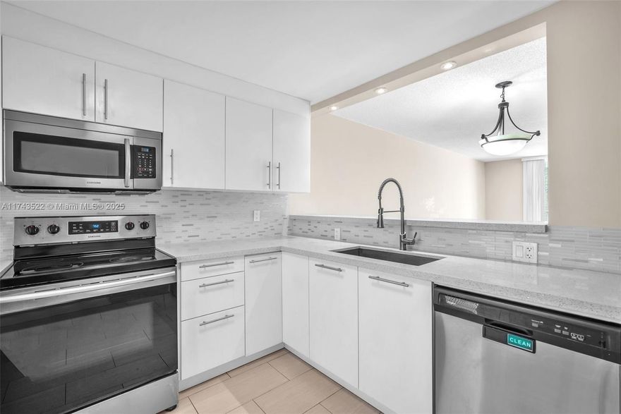 All Ages Community with no rental restrictions! Great Investment! This renovated, 2/2/ condo apartment offers modern charm with coastal comfort. Enjoy new screened patio with new railing renovated in 2024 and excellent garden views! New roof for our building in 2024! Modern stylish kitchen: stainless steel appliances, new mosaic backsplash, new quartz sleek countertop. Huge open living space with bar/snack countertop in dining area. Two generously sized bedrooms with walk-in closets, plenty of storage closets. Two luxury bathrooms updated with sleek fixtures. The Meadowbrook Community offers beautiful pool with lounge chairs, gum, club house, sitting area, shuffle board, ping pong. Close to Aventura Mall, Gulfstream Casinos and Good Schools!