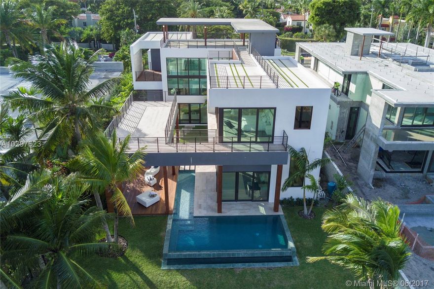 Brand New Modern Masterpiece.  Incredible 3 level oasis on prestigious Pine Tree Drive with 70 feet on the water with private dock and poolside cabana. Filled with natural light and walls of glass, it offers 6 bedrooms, 6 bathrooms and 2 half bathrooms.  Open floor plan, unparalleled quality and finishes, maids quarters, magnificent water views from every room. Elevator opens  to a beautiful and rare 5,000 sq.ft. rooftop sundeck.  Completed in 2016.