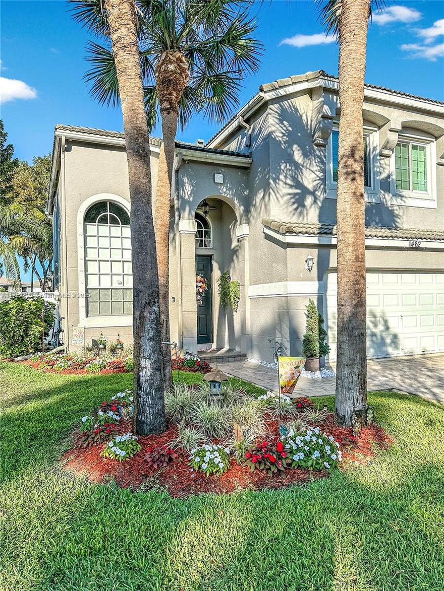 This beautiful 4-bedroom/2.5 bathroom home is located in the desirable community Madison Green. Home features: impact windows upstairs, hurricane shutter panels for downstairs, keyless front door entry, ring door bell, external cameras, outdoor speakers in patio, electric panel for portable power & rainsoft whole house water filtration system. Water heater & dishwasher recently replaced. Corner Cul-De-Sac Lot! This fully fenced lot is one of the largest in Pinehurst and has room for a pool. Enjoy outdoor living in your private oasis. Home features a covered and screened patio. Madison Green is renowned for its resort style living with beautiful surroundings and convenient location. Lots of amenities & basic cable & internet included.