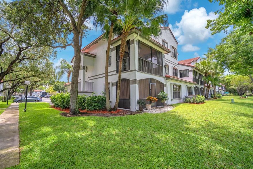 Superb 3 BR, 2 Bath waterfront, end unit home in Las Verdes of Grand Palms golf resort community. Walk to pool, public 27 hole golf course with clubhouse and nearby shopping, dining. Super manned-gated tropical paradise community. Screened, covered balcony overlooking beautiful lake and woods. Water views from private upstairs primary suite, eat-in kitchen with granite countertops, combined family/dining room. Maintenance fee includes internet and cable, insurance, water, sewer, garbage, monitored alarm system, roof, pressure cleaning, painting, gate and roving patrol security, pool, and more. Close to super Pembroke Pines public, charter, parochial and private schools - and to I-75 for easy commutes in every direction. Super home and investment, subject to some rental restrictions. Planned $1 billion dollar re-development of Grand Palms common areas is working through final approvals. Will not cost home owners anything via any planned special assessment as Grand Palms common areas are still owned by original developer/successors - but will tremendously increase all community home values when completed. Priced to sell quickly as one of the most affordable 3 BR homes in this spectacular community. Just listed. Professional photo set coming next week.