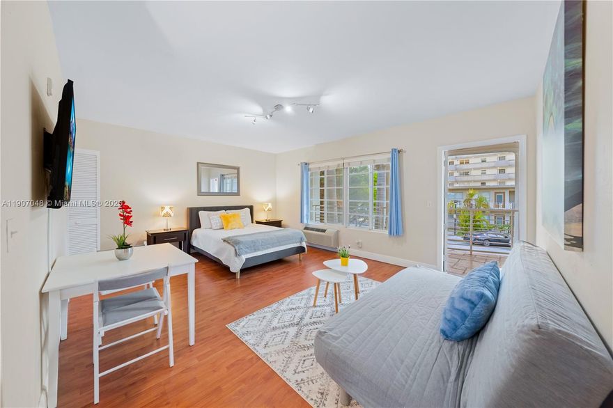 Recently updated, light-filled and stylish apartment. Large eat-in kitchen with counter and stools. Quiet and spacious second floor studio in boutique building with a huge walk-in closet. Space for a desk to work from home. Spacious laundry facilities in the building. Enjoy the perfect beach pad steps away from Lincoln Road, Trader Joe's, top South Beach restaurants, shopping and the beach. Watch beautiful sunsets with downtown views a block away on the bay. Just minutes away from Whole Foods and much more! 6 months available at $2390 per month. Available now, no pets, no smoking.