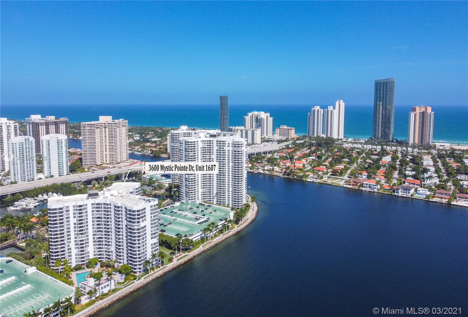 Beautiful corner condo located in the sought-after Mystic Pointe community in Aventura. Amazing panoramic views and the intracoastal. Very large main bedroom w/en-suite bathroom. Dual vanity, bathtub & separate shower. Large walk-in closet. The living room offers plenty of light & serenity while enjoying boats in the marina. Washer & Dryer. Minutes from the Aventura Mall, Sunny Isles Beach & houses of worship. Amenities incl. very large pool, sauna, spa, restaurant, hair salons, mini market, 8 tennis courts, tennis pro. The City of Aventura is strategically located close to FLL & Miami airports. Great schools.