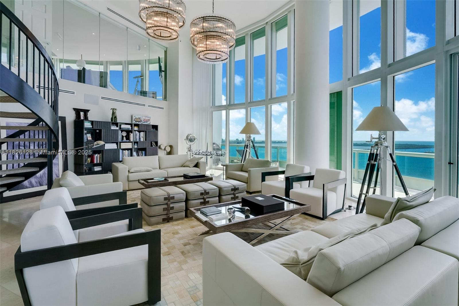 Breathtaking 5,730 sqft FULLY FURNISHED DUPLEX, enjoy impressive Ocean and city views! First floor offers expansive living areas with high ceilings and marble floors, 2 large guest rooms with walk in closets, ensuite baths and stunning water views. Large kitchen with Subzero refrigerator, freezer, and lot’s of storage. Formal Dinning room, large family room with a full bar ideal for entertaining. Second floor offers an expansive primary suite combined with office space, walk in closet, large jacuzzi style tub and more, second bedroom with full ensuite bathroom and walk in closet, staff quarters with full bathrooms. Enjoy state of the art amenities in Santa Maria such as, restaurant, lighted tennis cart, fitness center, marina access and more.
