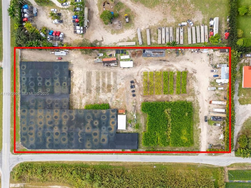 Unique opportunity to acquire a fully operational agricultural nursery situated on 4.70 acres in unincorporated Miami-Dade County. This offering includes both the land and the established business, Nursery Vega Park LLC, actively operating since 2016 under agricultural classification and in compliance with County and State requirements. Ownership has been in place for approximately 10 years.

The property features a turnkey agricultural setup with multiple permitted improvements, including designated growing areas, storage and support structures, internal access roads, and site infrastructure supporting nursery operations. A current Class IV Wetland Permit, valid through 2028, authorizes approved nursery use and site work, providing operational continuity and security.
An active nursery registration with the Florida Department of Agriculture is in place, allowing the buyer to continue operations seamlessly. Agricultural tax classification (AG Exempt) adds additional value and potential tax benefits.

Zoned GU (Interim District), the land offers flexibility for agricultural use, nursery expansion, or long-term investment. Located on SW 205th Avenue, the property provides convenient access to major roadways while maintaining privacy and an agricultural setting.
Sale includes business, land, and existing improvements. Ideal for owner-operators or investors seeking an established agricultural asset with immediate usability and long-term potential in Miami-Dade.