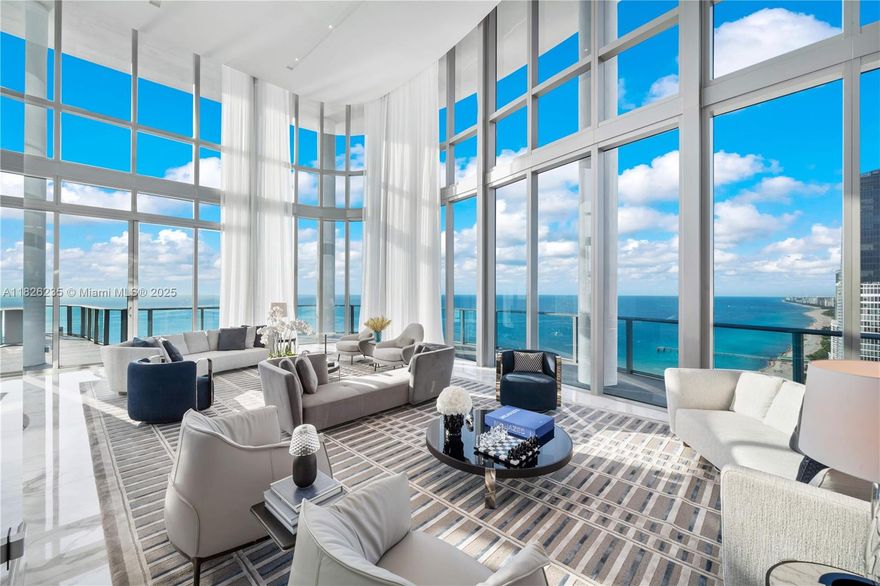 When Only the Best Will Do! Ultra-luxurious, never-lived-in, fully furnished 2-story oceanfront penthouse by renowned interior designer Graciela Dayan. Spanning the entire 32nd & 33rd floors, this 4BD/5BA + 3HB residence boasts soaring double-height ceilings, Calacatta Gold marble & Oscarono wood floors, Lasvit chandeliers, Minotti furnishings, & top-shelf accessories by Lalique, Baccarat, Christofle, & FENDI. Enjoy expansive views of the Atlantic Ocean, Intracoastal, & Downtown Miami, with an oversized 4,523 SF wraparound terrace featuring a private pool & summer kitchen. The entire 2nd floor is a primary suite wing w/ a den, gym, sauna, massage room, dual custom walk-in closets, & dual bathrooms. A true showpiece for those who value privacy, style, & sophistication. 4 VALET PARKING.