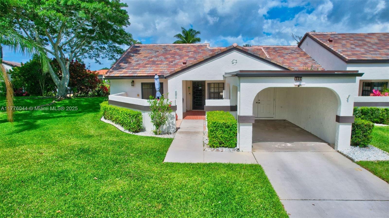 Welcome Home to this beautiful lakefront corner unit Villa in "Aberdeen's' Landings" Surrounded by Gorgeous breathtaking views of the lake, enjoy over 1500 sq ft. in tranquility. Open floorplan boosts lots of natural light. Updated kitchen, granite countertops, Samsung appliances, sliders open to front Atrium. Master bedroom suite, walk in closet, private patio paradise. Bathroom updates, Handicap accessible shower. Magnificent L-Shaped Lania under air offers breathtaking views. New washer & dryer. Fully furnished. Completely protected by Hurricane windows. Extra storage carport & attic. Brand New Roof, Gutters, exterior paint 2024. No membership, NO Special assessment Seller PAID IN FULL 55+, Pet friendly, 3 pools, hot tub, pickleball. Near shopping, hospital, airport, major hwy.