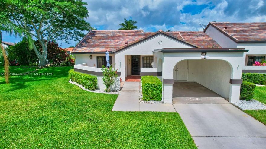 Welcome Home to this beautiful lakefront corner unit Villa in "Aberdeen's' Landings" Surrounded by Gorgeous breathtaking views of the lake, enjoy over 1500 sq ft. in tranquility.  Open floorplan boosts lots of natural light.  Updated kitchen, granite countertops, Samsung appliances, sliders open to front Atrium. Master bedroom suite, walk in closet, private patio paradise.  Bathroom updates, Handicap accessible shower.  Magnificent L-Shaped Lania under air offers breathtaking views.   New washer & dryer. Fully furnished.  Completely protected by Hurricane windows.  Extra storage in carport & attic.  Brand New Roof, Gutters, exterior paint 2024. Non membership, 55 plus, Pet friendly, 3 pools, hot tub, pickleball. Near shopping, hospital, airport, major hwy.