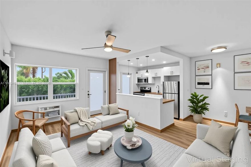 Welcome to this top-floor 1 bed/1 bath mid-century modern gem. Sun-drenched interiors feature high ceilings, wide-plank waterproof flooring, and expansive windows that fill every room with natural light. The sleek chef’s kitchen offers an open, airy layout ideal for both entertaining and everyday living. Renovated bathroom and abundant closet space, plus a mini private balcony off the bedroom. Additional features include hurricane impact doors and front windows, 1 assigned parking space, low HOA fees, and an on-site washer/dryer. The building has passed its 40-year recertification and allows rentals (no short-term). Ideally located just 4 blocks from the beach, 2 blocks from Española Way, and moments from Lincoln Road. The perfect combination of tranquility and city convenience.