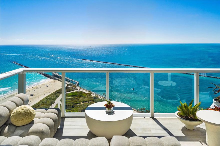 Crown jewel, turnkey double residence at Continuum offers prized east + southwest exposures with unobstructed views of sunrises over Miami Beach’s turquoise waters & skyline sunsets. Curated design by Gallerie Noire include custom Poliform furniture, European wide-plank wood floors, Selenite chandelier+sconces, book-matched marble baths + LED-lit millwork. The formal salon invites with an oceanfront bar, multiple lounges & formal dining. The principal suite boasts a private sunrise terrace, lounge, office, Italkraft dressing rm +spa/steam bath w/heated floors. Family room & Italkraft kitchen,  viola marble island +Wolf appl. opens to a rotunda balcony. Lutron, media room, 2 private lobbies, staff entrance +double laundry. 13-acre oasis: beach club, tennis, restaurant, extensive gym+med-spa