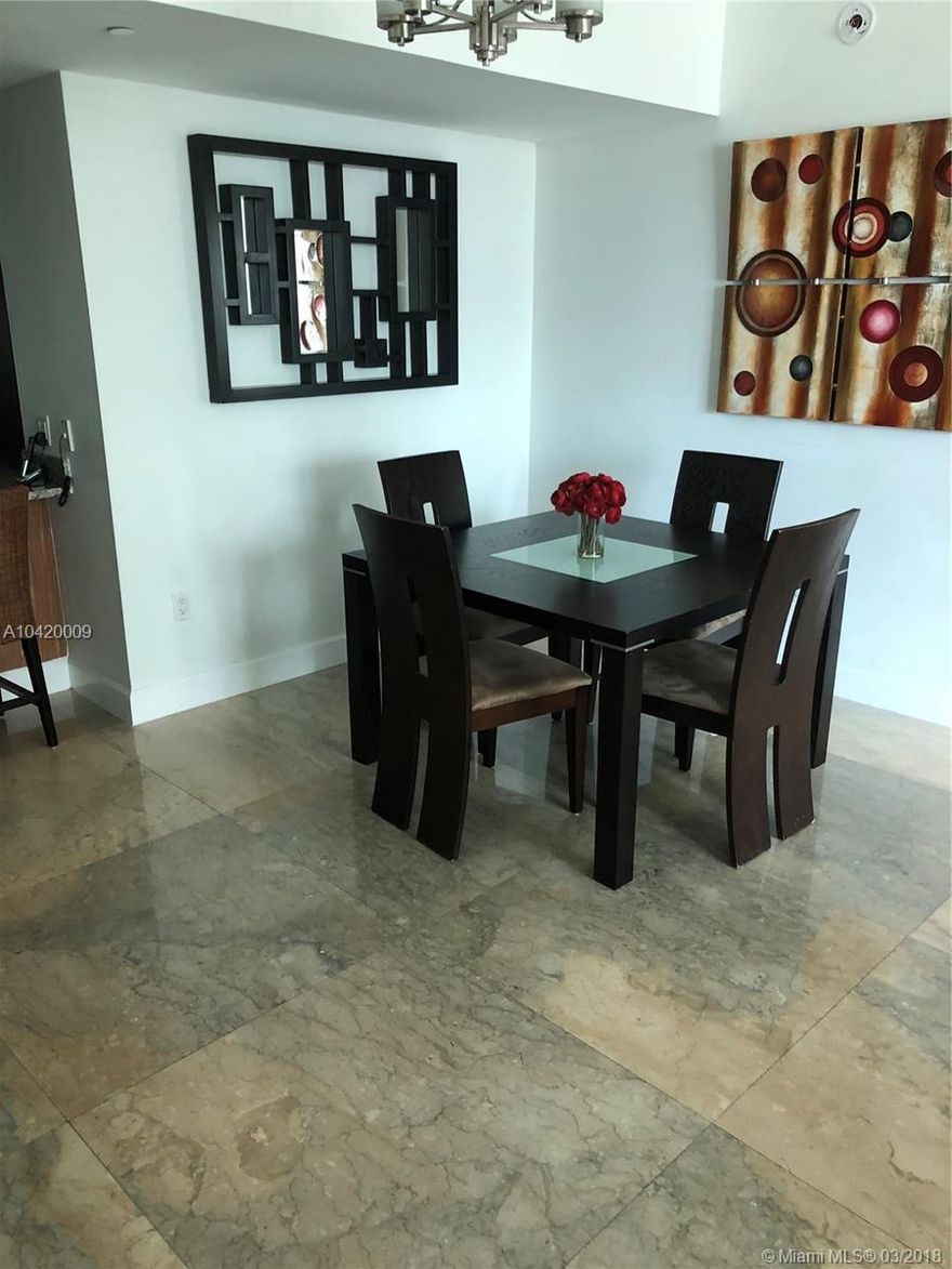 A top-notch apartment located in the heart of brickell. Spectacular bay & city views, granite counter tops, italian cabinets, stainless steal appliances and marble flooring. Amenities include: pools, spa, cabanas, zen garden, business center, club room, billiards, theater, fitness center, sauna, concierge, valet and 1 parking space assigned. Also perfect location minutes away from mary brickell village and restaurants in brickell area. Call now to schedule viewing.