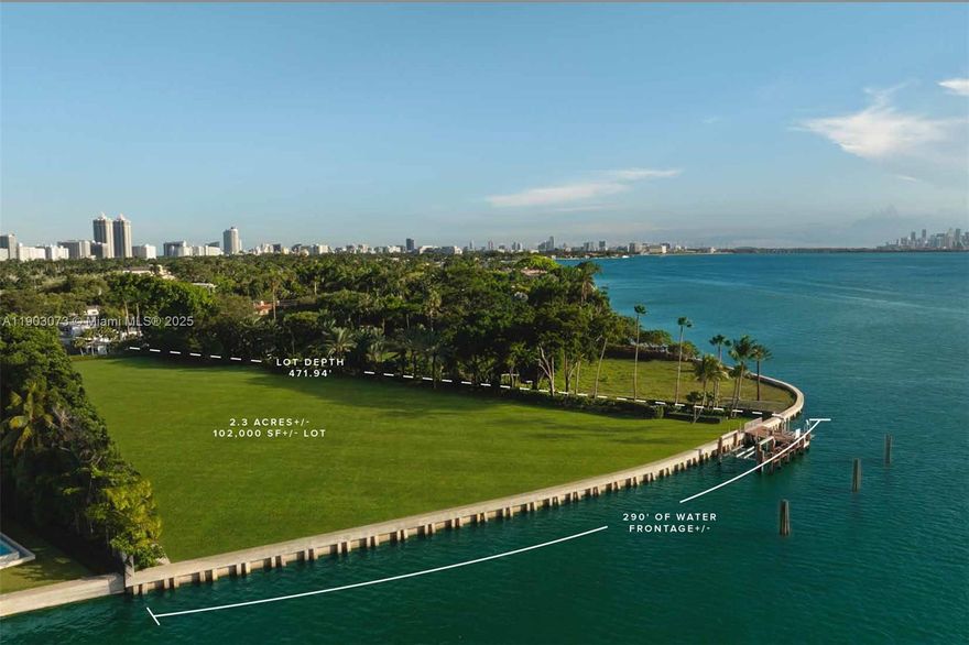 A landmark opportunity to create a legacy compound on Miami Beach’s most prestigious waterfront. Spanning approximately 2.3 acres (102,000 SF) with a depth of nearly 472 feet and 290 feet of direct Biscayne Bay frontage, 5940 North Bay Road is offered with fully approved plans and permits by DOMO Architecture + Design. Representing one of the largest and most significant single lots ever offered on North Bay Road, this property defines rare scale, provenance, and potential.