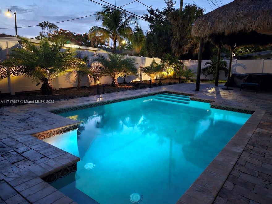 Welcome to this updated Cresthaven home in the heart of Pompano! This gem features a 2024 new roof, solar panels, and a newer AC. The open layout is perfect for entertaining, with a kitchen boasting stainless steel appliances, granite countertops, and wood cabinets. Neutral designer colors and tile beautifully complement the wood floors. Step outside to your serene outdoor retreat with custom lighting, a rethatched tiki hut, an inground pool surrounded by brick pavers, and a PVC-fenced yard for privacy. Minutes from the beach, restaurants, shopping, and Whole Foods. No HOA—move-in ready!
