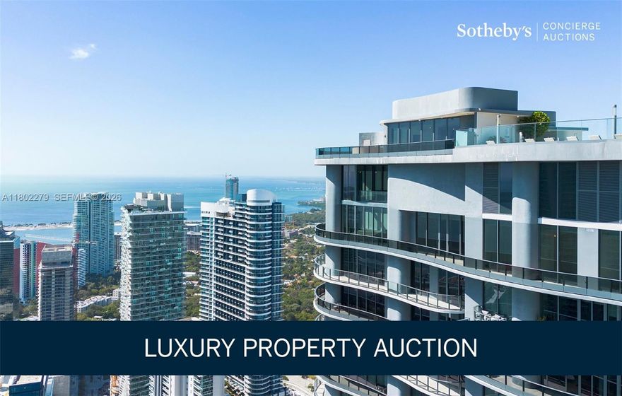 AUCTION BIDDING OPEN: Bidding ends February 28th. Previously Listed $14.9M. Current High Bid $7M. Showings by appointment. A breathtaking tri-level trophy penthouse awaits within Brickell's iconic Flatiron tower, representing the pinnacle of designer-ready luxury at Miami's most prestigious financial district address. This architectural masterpiece soars across three private floors accessed by dedicated in unit elevator, revealing over ten thousand square feet of spectacular indoor and outdoor living with triple-height ceilings and floor-to-ceiling glass framing two hundred plus degree panoramas of Miami's dynamic skyline and shimmering Biscayne Bay. The crown jewel emerges on the ultra-private rooftop, where an exclusive pool and expansive terrace await beneath endless sky—an extraordinary sanctuary for sunset celebrations and moonlit gatherings. Vast open-plan interiors present an unprecedented canvas for bespoke customization. This rare offering delivers unparalleled scale, privacy, and versatility in the heart of Miami's most dynamic urban destination.