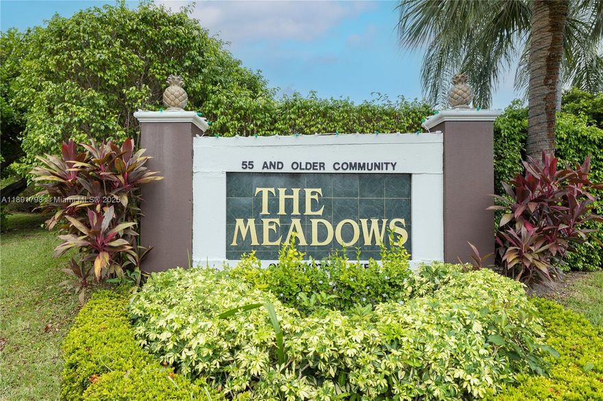 Fabulous single-family home in very desirable, The Meadows a 55+ community! Wide open floor plan with tons of living space includes Florida room, living/dining room, eat-in kitchen, split bedroom plan, oversized walk-in closet in primary bedroom and one car garage. Neutral tile and loads of natural light throughout. Complete hurricane impact windows and doors for peace of mind. A/C 2023. Maintained community with low HOA offers pool, gym, shuffleboard, bocce, tennis, hot tub, library, game room, clubhouse and is situated overlooking a serene lake. Located close to world class beaches, eateries, shopping and more! Association states no pets, no leasing and no commercial vehicles.