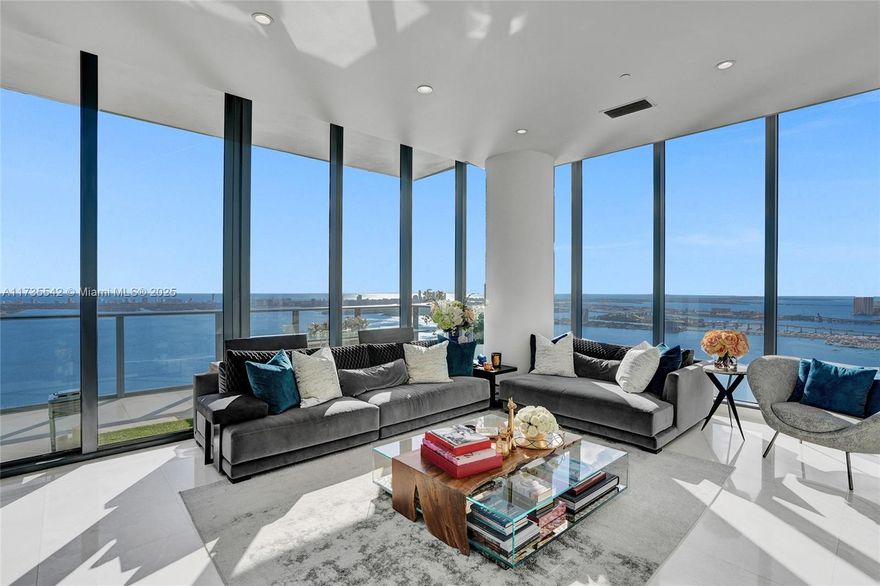Penthouse Palace in the Sky-Breathtaking Views of Biscayne Bay & Miami Beach from the 2,500 sq. ft. roof top terrace  kitchen/bar, pool & jacuzzi. Private elevator foyer opens to luxurious living areas, floor to ceiling windows, gourmet kitchen with a 200 bottle refrigerated wine storage. 4 en-suite bedrooms all open bay views.  Primary suite boasts walk-in closets, bath with separate glass enclosed shower & tub.  Full service building-10th-floor pool deck/lap pool, spa, poolside cabanas, private movie theater, BBQ area, tennis center-2 lighted courts, business center, library, children’s playroom, Gym fitness center, Concierge, valet parking 24 hour security- 2 assigned garage parking spaces. Centrally located- minutes to Miami International Airport, Downtown Miami and Miami Beach.