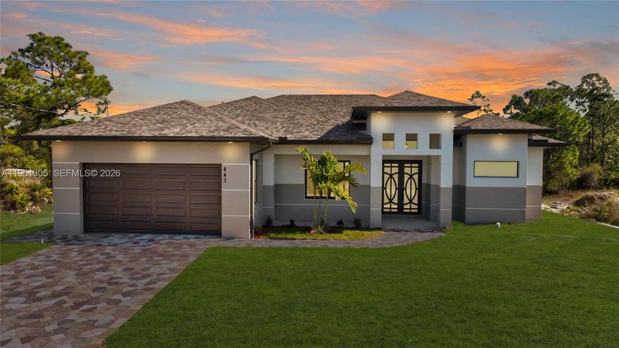 Welcome to this gorgeous 4-bedroom, 2-bathroom, 2-car garage new construction home, featuring luxury upgrades and thoughtful design throughout. The home features a bright, open layout, High ceilings, quartz countertops, shaker cabinets, walk-in custom-built closets, a spacious master suite, and a large lanai that is already set up for an outdoor kitchen. Ideal for entertaining. The backyard provides plenty of room for gatherings, gardening, or future additions, such as a Pool. Nestled in a beautiful, Quiet Lehigh Acres Neighborhood close to top-rated schools, shopping, and major roads, including SR-82, this home offers convenience and comfort with a short commute to Fort Myers. A must-see property that truly checks all the boxes. If you're seeking peace, quiet, and a true sense of tranquility, this home offers exactly that.