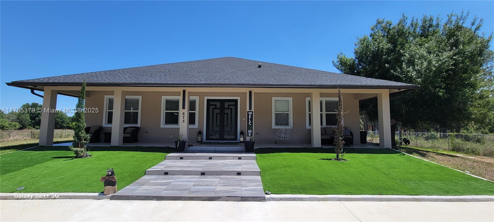 Beautiful home in Montura Ranches awaits you. Find your perfect nature getaway in this gorgeous 3 Bed/2 Bath, fully fenced 1.25 acre, CBS home, built in 2024. This gorgeous home is fully furnished with state of the art appliances, security camera system, custom exterior impact doors and windows. Ample porches front and back. Additional separate covered entertainment area, parking for golf cart, above ground pool deck, fire pit area, 2 large sheds, and many fruit trees! On Well & Septic with water filtration systems. Perfect for fishing and boating on Lake Okeechobee and other outdoor sports activities in the area. Close to US 27! Easy to show! Come and see soon!