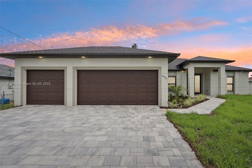 New construction home with a pool, on city water, sewer, & irrigation. The kitchen has granite countertops, large island, soft-close cabinets, & stainless steel appliances. The spacious primary suite offers sliders opening directly to your private screened lanai & pool, as well as two walk in closets. The ensuite bathroom has dual sinks & large walk in tiled shower with a glass door. Other: high ceilings, paved driveway & lanai, hurricane impact windows/doors, 3 car garage, large lanai with pool cage, inside laundry room, tile throughout, ample closets all with shelving, alarm sensors. No HOA. Central location just south of Veterans, this a highly desirable location in Cape Coral. Minutes from downtown Cape Coral, Pine Island corridor, parks, Gator Mikes, Sunsplash, US-411 & I-75.