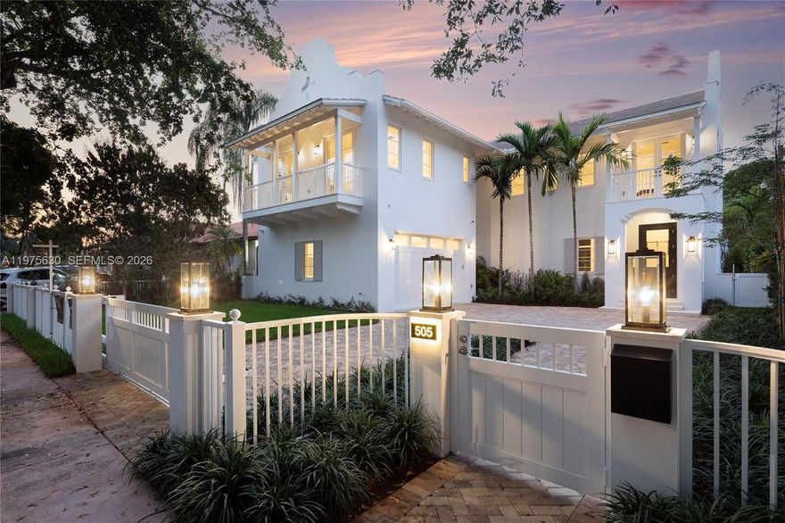 Exquisite modern Dutch–Caribbean masterpiece offering the perfect blend of architectural sophistication and relaxed luxury living. Secured motor court entry with a two-car garage welcomes you into this spectacular two-story residence featuring 4 bedrooms, 5.5 baths, and a dedicated ground-level office (also serves as bedroom with ensuite bathroom). Designed by award-winning Locus Architecture, the home showcases dramatic scale and seamless indoor-outdoor flow. Expansive living spaces featuring a mud room, 20ft ceilings, wine cooler bar and open spaces to a covered kitchen and summer entertaining area overlooking a stunning pool deck ideal for hosting or everyday family living. Every bedroom features its own private covered balcony, ensuite bathroom and walk-in closet creating serene retreats throughout and comfortable living. The chef’s kitchen is fully outfitted with top-of-the-line Sub-Zero, Cove and Wolf appliances, complemented by custom cabinetry by Mia Cucina throughout the home, delivering exceptional craftsmanship and refined detail at every turn. A rare offering combining architectural pedigree, premium finishes, and effortless elegance.