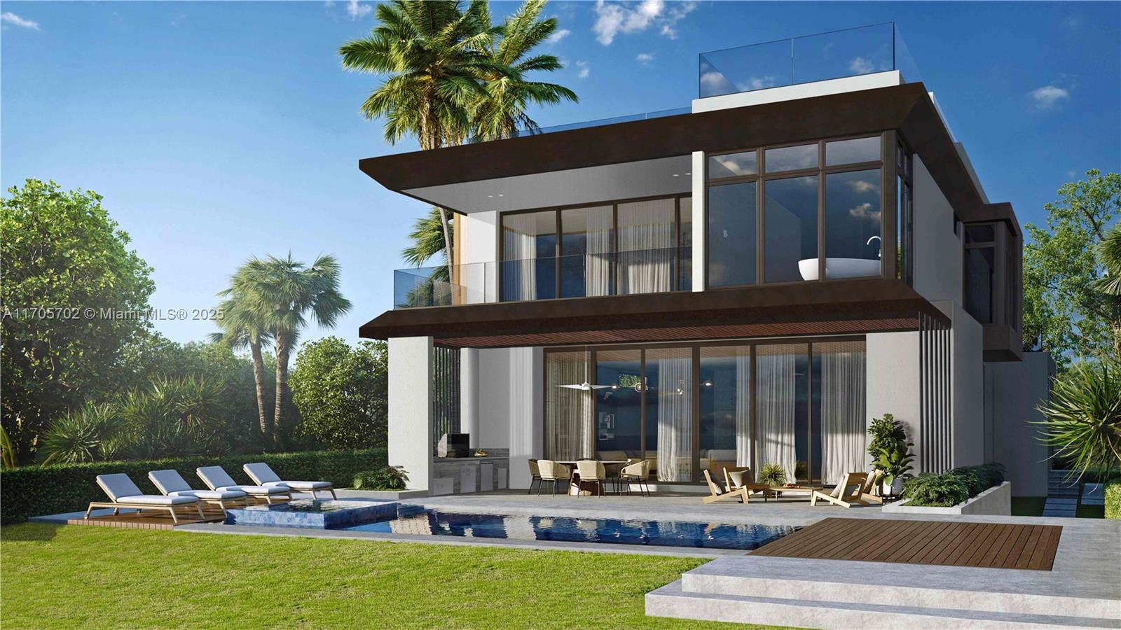 Poised for completion in October 2025, this exquisite 5,772 sqft new construction designed by Calil Architects is set to be a one-of-a-kind masterpiece. Offering 6 bedrooms, staff quarters, 7.5 bathrooms, and a tastefully designed Chef’s Kitchen, this home is the embodiment of sophistication and modern elegance. Highlights include 62 feet of waterfront, private dock, two summer kitchens, an elevator, and more. The residence boasts 11-foot ceilings throughout both levels and a remarkable 2,000-square-foot rooftop with a spa and summer kitchen. From the master suite, take in breathtaking views of the water from the terrace, complemented by a boutique-inspired walk-in closet. One of only 59 homes in this exclusive enclave, the property also provides private access to an oceanfront beach club.