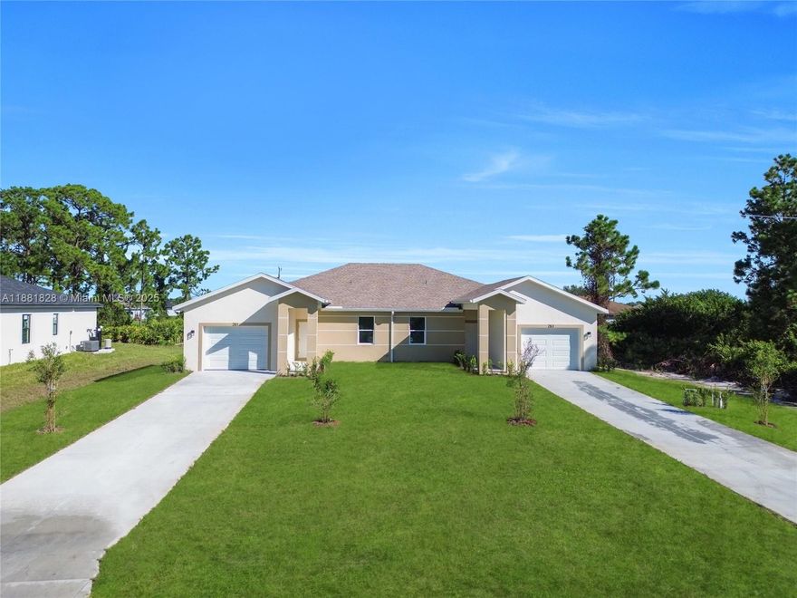 MOVE-IN READY! MOTIVATED SELLER!
This brand-new duplex in Lehigh Acres features 1,199 sq ft per unit with 3 bedrooms and 2 bathrooms, designed for comfort and functionality.

The open-concept kitchens include white cabinetry, quartz countertops, and stainless-steel appliances. Each unit also offers laundry in the garage and modern finishes throughout.

Ideal for investors or owner-occupants—live in one side and rent the other. Located in a fast-growing area with high rental demand, this property provides excellent income potential and long-term value.