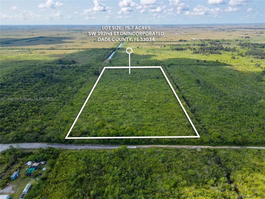 Great Opportunity to own this 15.7 Acre property full of potential at today's price. It is located close to the Miami-Dade County Urban Development Boundary. Land use: General. Muni Zone: GU. PA Primary Zone: 8900 Interim-Await-Specific Zone. Primary Land Use: 9981 Acreage Not Classified AG: Vacant Land.