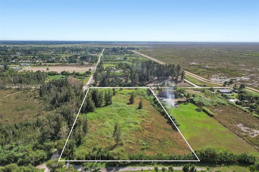 For those with a vision, this opportunity encompasses 5 untouched acres, provides a blank canvas for agricultural endeavors. This vacant land is positioned west of the levy, mark the westernmost privately owned land before the vast Everglades, offering a unique blend of tranquility and proximity to nature.

This offering is part of a larger portfolio spanning over 60 acres. The portfolio encompasses five diverse properties across three district areas in South Miami Dade's agricultural district. These parcels are used as vacant land and Tree Farms with sizes ranging from 2.35 to 40 acres. The properties can be purchased both individually or as a cohesive portfolio.

All properties are zoned for agricultural use, ensuring compatibility for a range of agricultural uses.