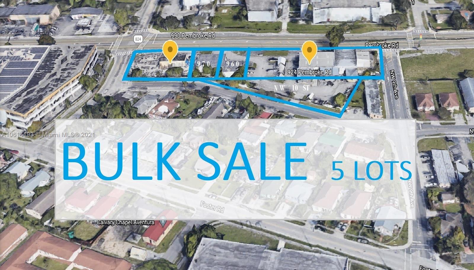 GREAT OPPORTUNITY! Redeveloper fit. There are approx 2 acres total. A few buildings exist, 1960's construction. Not a NNN resale. Vacant property. While Seller MAY be willing to close open permit(s), there has been no historical effort made toward clearing any code violation(s). The property is NOT compliant with 40-year recertification. Fantastic exposure being closer to I95 and fronting main road. Pembroke Road, just East of I95. 5 minutes to Ocean Dr. One of the corner lots fronts an intersection. Environmental survey was conducted with no evidence of any environmental issues. These findings were reconfirmed by Broward County inspection as well. We have all the documentation.Parcel folio's are 51422128-0110, -0140, -0030, -0081, -0090. Total Bldgs Square Feet Approx 14,000