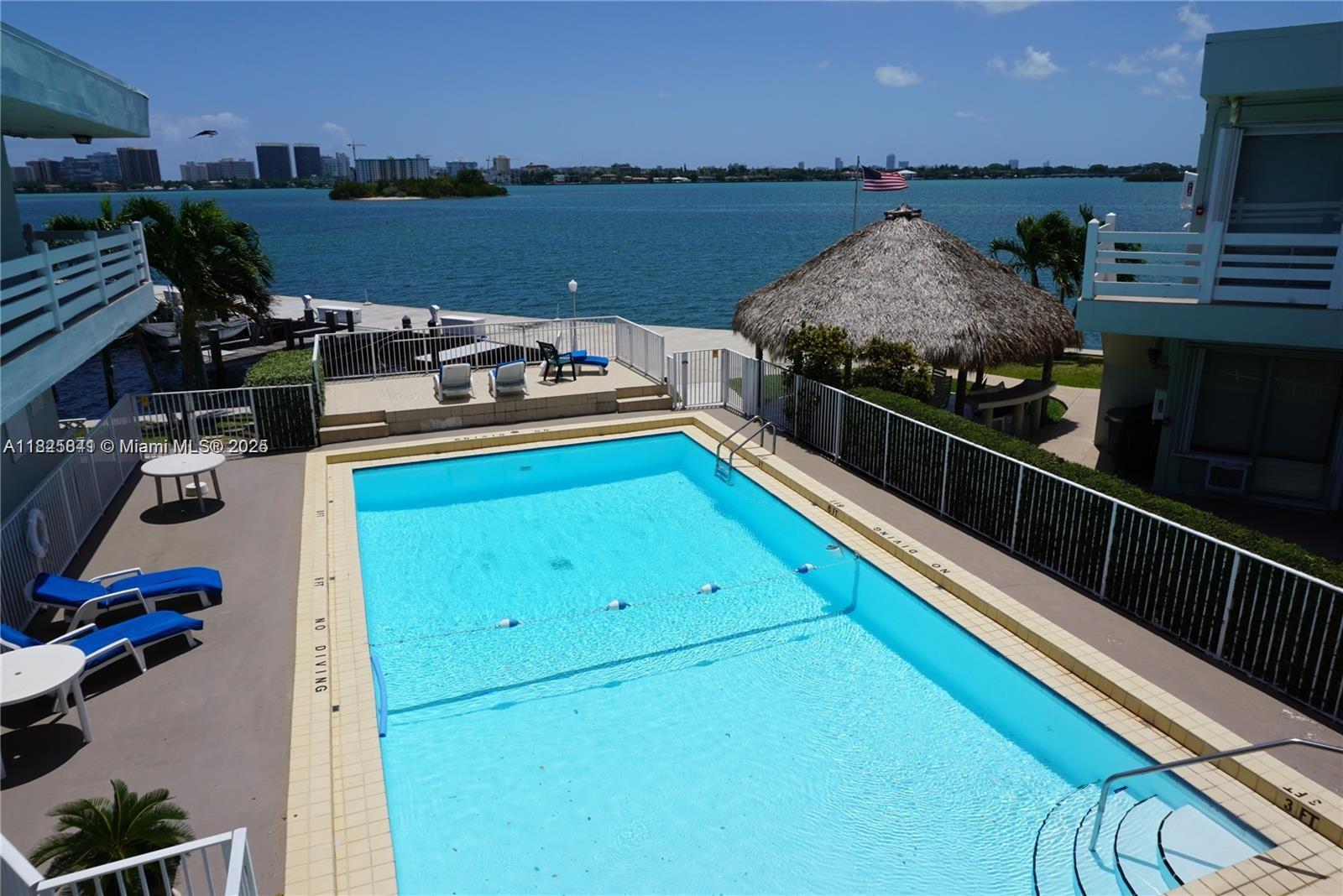 "BAYVIEWS" "WIDE BAY FRONT" CONDO, " 30' DOCK SPACE WITH UNIT" w/ power & water!!! ALSO FOR SALE WITH OWNER FINANCING AT 6% !!!! across from the Tip of the Keystone Islands area overlooking Biscayne Bay!!! 2BDR/1BTH includes; Approx. 1,000 sq.ft. large, open floorplan; Completely remodeled; Solid wood & granite Kitchen w/ New Stainless Steel Appliances - Updated bath w/glass tile accents; Tile flooring throughout; Salt water chlorinated pool & Tiki Party Hut.