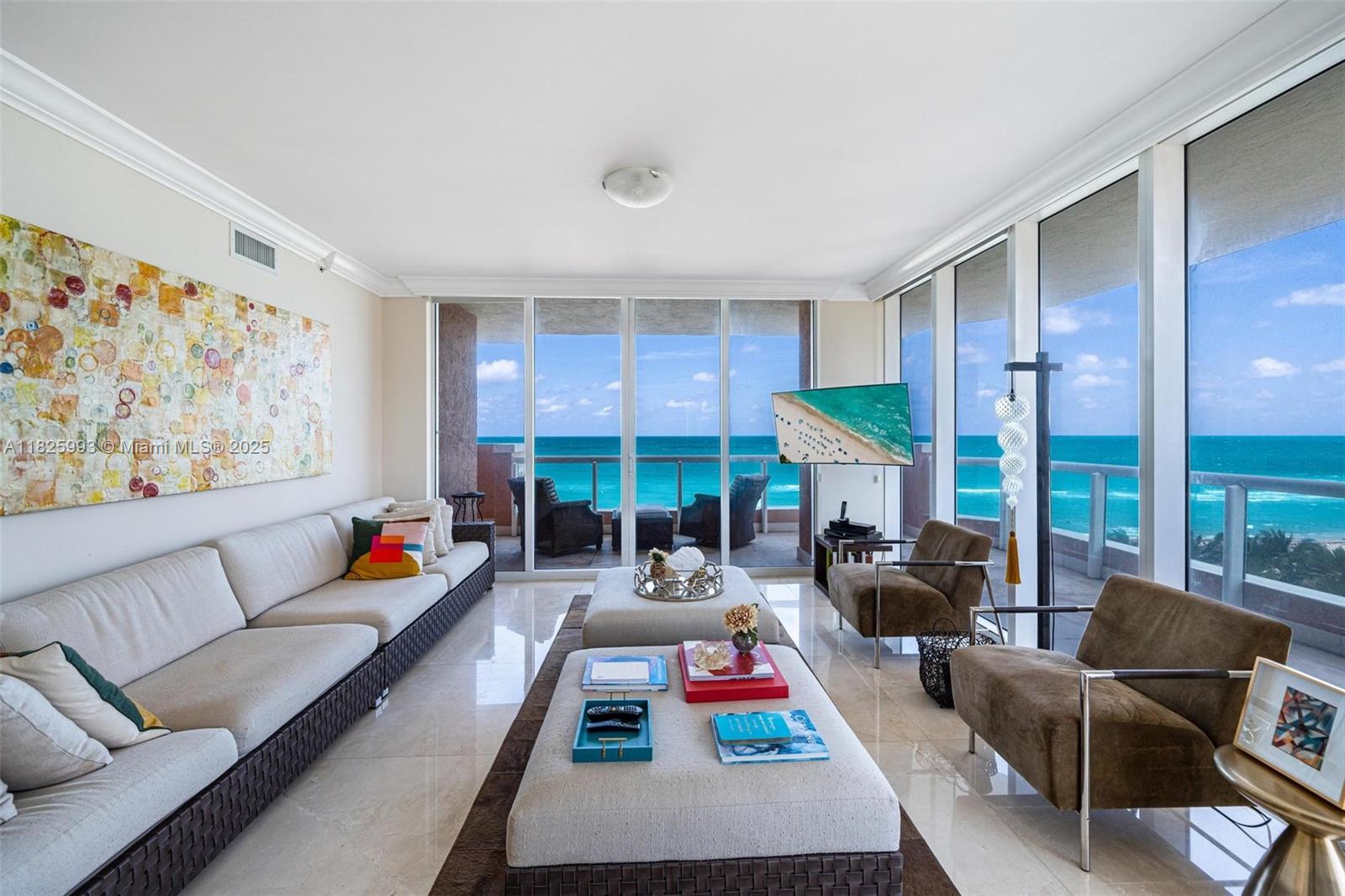 Please view the video tour for detailed explanation of the resort and residence. Luxurious oceanfront living at Acqualina Resort & Residences. This expansive 4BR/4BA corner unit boasts high ceilings, marble floors, gourmet kitchen w/ premium appliances & immense living areas ideal for entertaining. 4th bedroom can easily convert to den. Stunning wraparound balcony provides panoramic ocean/sunset views & direct beach access. Enjoy 5-star amenities: 4 restaurants, 3 pools, private beach, 20K sqft spa, activities, watersports, kids programs & impeccable service lauded as #1 Luxury Beachfront Resort. An unparalleled lifestyle in Sunny Isles.