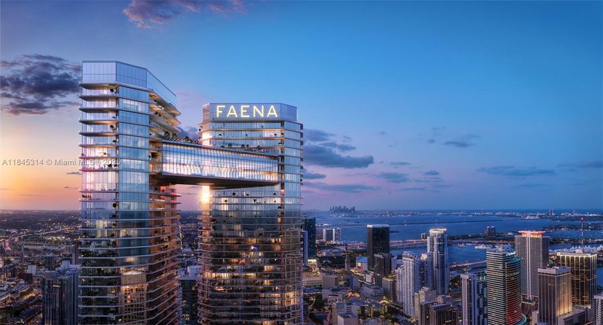 Experience elevated waterfront living at Faena Residences Miami—an exclusive development with a curated community of art, culture, and  immersive experiences. Two iconic 68-story towers, connected by a Sky Bridge, and offering over 125,000 SF of amenities, include a world-class spa, resort-style pools, restaurants, and a private park sanctuary. This corner two-bedroom residence showcases 10-foot ceilings, an expansive southern exposure terrace, and beautiful river and skyline views. Finished with travertine flooring, custom B&B Italia kitchens, and premium Gaggenau appliances.  Pre-construction project - contact team for inventory