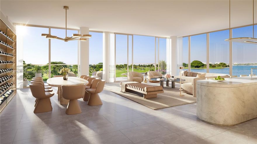 Discover luxury living in this half-floor unit at Bay Harbor Islands' most exclusive new development. This residence boasts 35 feet of unobstructed water and golf course views, with interiors graced by honed Patterned Vanilla Spider Marble flooring throughout. The kitchen is equipped with Gaggenau appliances and Taj Mahal countertops, ideal for gourmet enthusiasts. This residence offers 3 bedrooms, 3 bathrooms, a Family Room, and an elegant powder room, with every corner reflecting extreme attention to detail Including a wine wall. The bathrooms showcase exquisite finishes, from travertine floors and leather walls in the primary to Crema di Oro and Carrara marble in the secondary baths. Residents enjoy access to boat slips and a yacht concierge at the exclusive, residents-only yacht club