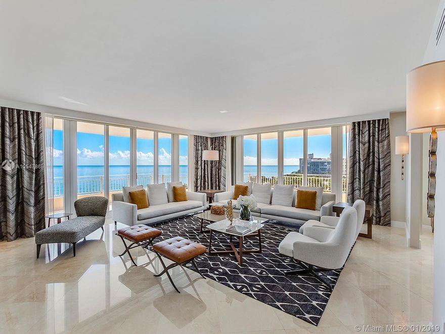 Only seen in Magazines! Pure luxury can only describe this 4 bed, 5 1/2 bath and staff quarters at the luxurious Ocean Club. Direct views to the ocean and to South Beach. Completely renovated and custom designed by Adriana Hoyos with a neutral palette. Open floor plan feels like a home. Resort Style living, private club, restaurants, spa beauty salon, fitness center, tennis & pools. Wine cellar, fur room and private 24 hr concierge service exclusive to "08" line owners and 4 parking spaces # 308, 310 & 255 (#255 is a tandem parking space).