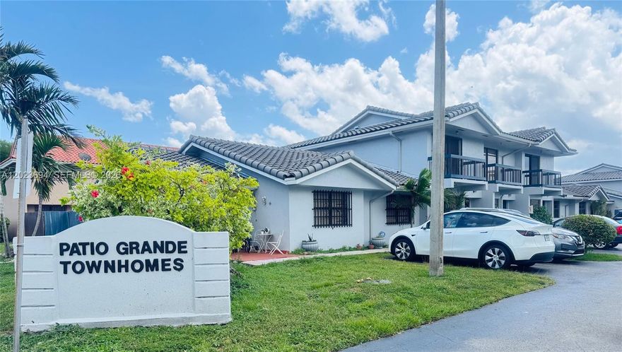 Rare find! Bright and spacious 3/2 townhouse in Patio Grande, a highly desirable community.  Enjoy a comfortable living in a convienient location with an exceptionally low HOA fee of only $200/month! One-story end unit with a huge patio for gardening and relaxation.  Use your imagination to make this patio your own oasis.  All rooms are good size.  Tile floors throughout. Full-size laundry in unit.  This community shows pride of ownership with very stable residents.  Brand new roofs and exterior paints were completed in recent years.  Centrally located just minutes to FIU, 836, Doral, Turnpike, Dolphin Mall, International Mall and IKEA. Close to all the convenient and vibrant selections of dining and shopping. Two assigned parking spaces right in front of the unit.  Tenant occupied in the process of moving out.  All visits must be scheduled in advance.