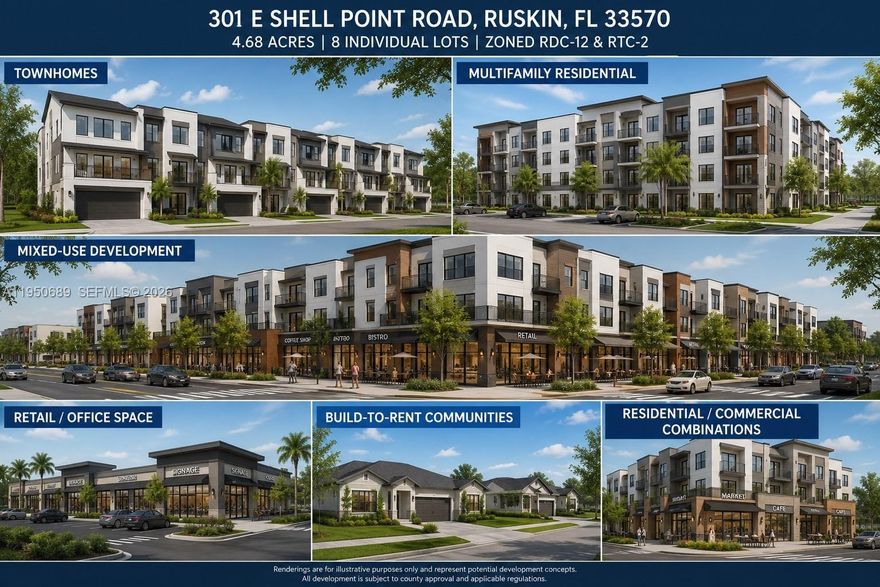 A premier development opportunity, this 4.68-acre (203,828 sq.ft.) property at 301 E Shell Point Road in Tampa offers eight individual lots that may be purchased as a complete portfolio for $1,500,000 or sold separately, giving buyers exceptional flexibility. The zoning includes RDC-12 on the east side supporting medium density residential of roughly 12 units per acre and RTC-2 on the west side, which allows for mixed-use commercial possibilities, the site is ideal for townhomes, cottages, duplexes, small multifamily, or neighborhood retail/office development. The combination of residential and mixed-use zoning makes this a rare infill opportunity for builders and investors seeking scale, versatility, and strong long-term growth potential in a rapidly expanding area.