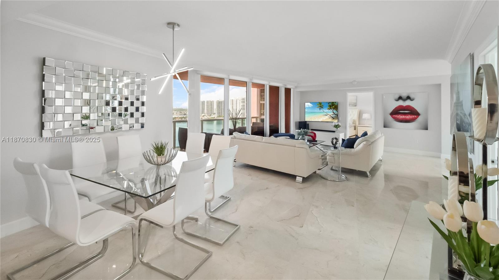 Exclusive 3-bedroom plus open den, 2.5-bath residence with breathtaking ocean and Intracoastal views. This bright and spacious home features a newly remodeled gourmet kitchen with brand-new appliances, floor-to-ceiling windows, and a private balcony. Offered fully furnished and move-in ready, with a semi-private elevator. Enjoy resort-style living with exceptional amenities including a marina, tennis and pickleball courts, pool, spa, fitness center, party room, private park, and more. Ideally located near Aventura Mall, Founders Park, fine dining, top-rated schools, and major highways.