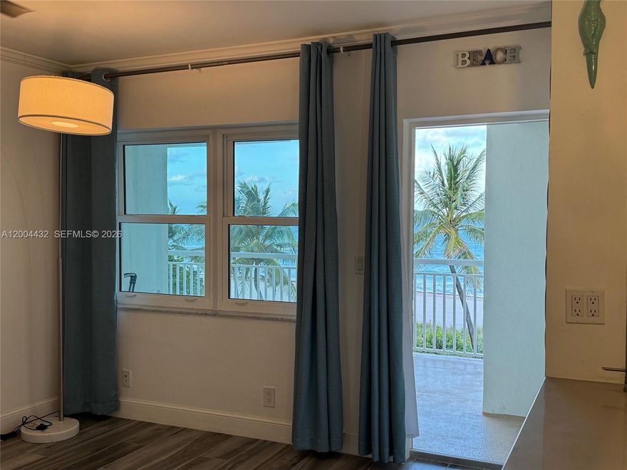 Beachfront building at the beginning of the quiet South Point of Famous Hollywood Boardwalk with palm trees, beach sand and ocean views. Location feels like beautiful Art Deco style of Florida with amazing Sunrise on the beach and many things for activities like walking, jugging or bicycling  on the 2 miles boardwalk. Apartment is completely Renovated. Appliances are in great condition. This corner Apartment has a split floor plan for 2-bedroom + 2 full bathrooms. Living room has lots of Day Light and view of the beach and Atlantic Ocean. All windows are hurricane proof impact grade and entrance door too. This building have completed 50-year recertification, well managed. Swimming pool and BBQ party area. 1 covered assigned parking space. Can rent once a year too. For showings please call or text Listing Agent. Easy to Show.