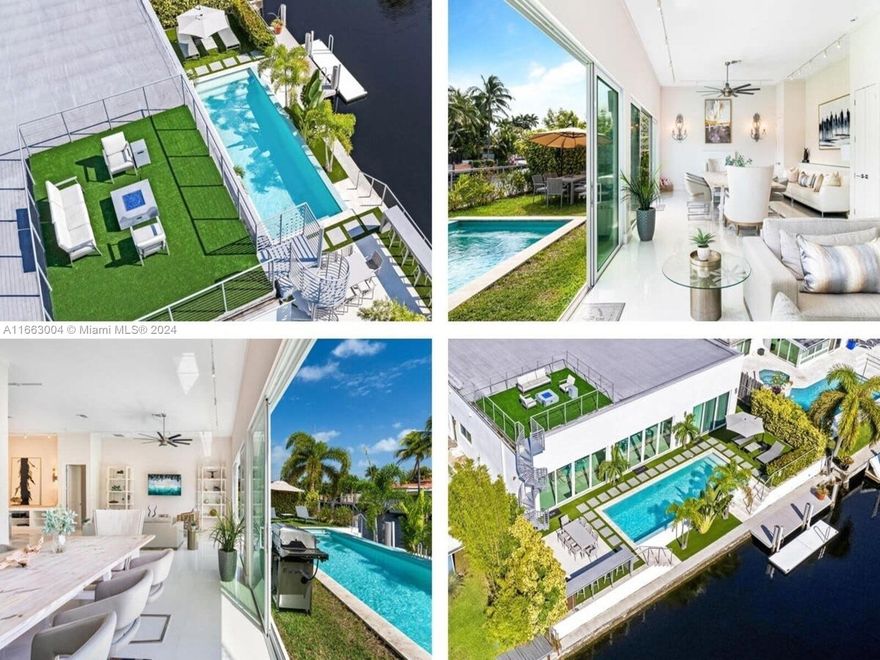 Investor Opportunity! *Rented at $20,000/month until 06/2026*, Gross income $240,000.00/year. Turn-key option with ongoing property management. This stunning contemporary waterfront construction in Wilton Manors is unlike any other. Step into soaring high ceilings and a glass wall offering views of the modern pool and 70 feet of ocean access. This 4-Bed 4-Bath home features a spacious, customizable floor plan, large rooms with ample closets, and a laundry room with fridge, cabinets, and brand new summer kitchen. The interior gourmet kitchen includes a wet bar and gas range. The master suite boasts pool and water views, a walk-in closet, luxury bath, and sliders to the outside. Additional highlights: rooftop terrace, 2 AC units, and fresh paint. Just blocks from shops and restaurants.