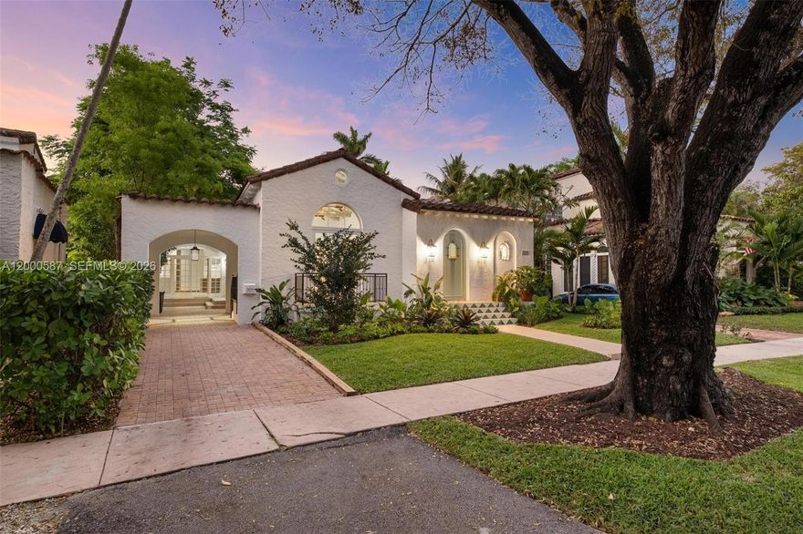 Experience a graceful blend of timeless architecture and sophisticated living. Located in the Golden Triangle neighborhood of Coral Gables, this historic gem restored by C. Cubica Arquitectos, features 3 bedrooms, 3 baths, a pool with an elevated covered terrace that leads into a gourmet kitchen with premium Miele appiances, custom oversized onyx island with seating, and brand new terrazzo flooring. The impressive living room features original pecky cypress beams and fireplace while all of the bedrooms have new wood flooring and custom crafted closet doors. All plumbing and electrical systems have been updated with impact glass throughout. Renovated to historical detail this home is truly one-of-a kind.