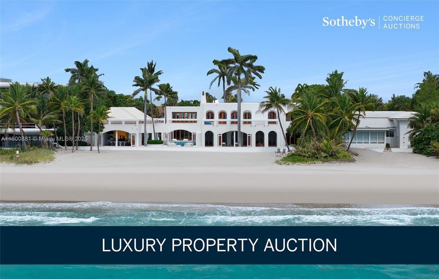 LUXURY PROPERTY AUCTION: BID 5–17 JUNE. Listed for $49M. Starting Bids Expected Between $22M–$32M. An oceanfront opportunity awaits at this magnificent estate situated on nearly an acre of prime Golden Beach shoreline. Features: 11,599 sq ft of luxury living and entertaining space, dramatic Atlantic views, and 150 ft of private beach frontage.