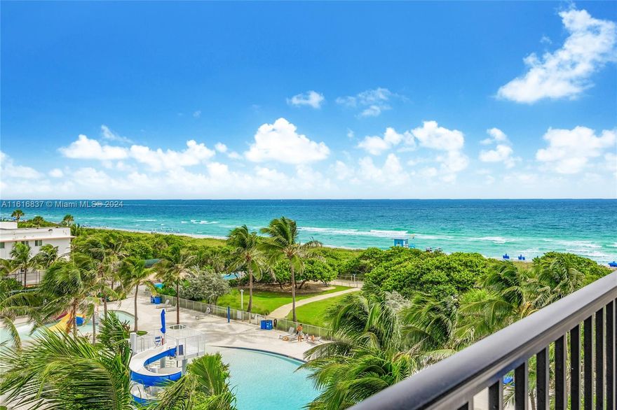 Enjoy breathtaking ocean views and a prime Surfside location at The Manatee. This delightful residence has 2 bedrooms, 2 renovated bathrooms & a balcony. The windows & sliding glass doors are all hurricane impact and there is tile flooring throughout. The open kitchen has new appliances & a laundry room with washer/dryer. There is 1 assigned, covered parking space and the building offers guest parking. The Manatee has an oceanfront swimming pool and is adjacent to the Surfside Community Center and pool, providing even more opportunities for recreation & leisure.  The Manatee is just a few blocks from shopping, dining, town festivals, local farmer's market, houses of worship, Bal Harbour Shops and more. Zoned for A-rated Bay Harbor schools.  Renting is permitted immediately after purchase.