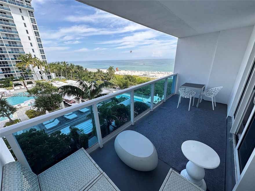 Finest oceanfront FURNISHED unit with OCEAN VIEW and LARGE BALCONY in the iconic South Beach Roney Palace. The spacious BALCONY faces North, offering stunning views of THE OCEAN and 1 Hotel pools. Enjoy the amenities the luxurious 1 Hotel offers: oceanfront swimming pools, beach service, trendy onsite restaurants, a vibrant rooftop bar, and 24/7 security. Cable, WiFi, water, and 1 parking VALET INCLUDED. SHORT TERM RENTALS OK. Airbnb. The unit is high-end renovated, equipped w/ Sub-Zero refrigerator, Bosch appliances & Washer/Dryer in unit. One of the few studios with balcony and amazing ocean views. Truly one of the most beautiful studios in the building. Best location in South Beach, steps from Lincoln Road and top restaurants.