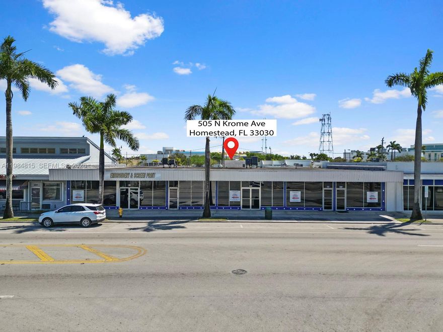Prime location for this commercial 7,640 sq ft building with a 13,500 sq ft lot directly on Krome Ave in the City of Homestead with B-1 zoning. The property is currently divided for two businesses but can be remodeled as desired to accommodate up to 5 separate units, each with their own address and bathroom. Parking is available on the street in front of the business, with additional paved parking in the back of the building which offers both front and back building access. The building has recently completed its 40-year recertification and is ready for its new owner.
