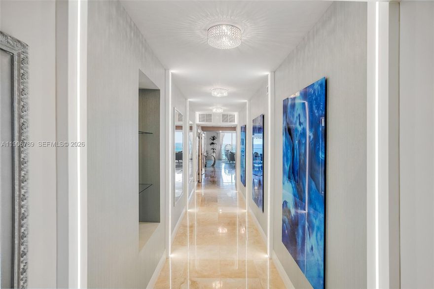 Spectacular panoramic views of Golden Beach, the ocean, and the Intracoastal from this fully renovated residence at Hamptons South, Aventura.   Offered fully furnished and professionally decorated, with big open spaces, custom LED lighting, and modern finishes throughout. The office includes a custom Murphy bed, perfect for guests or flexible use.   Two private entrances: one exclusive to this residence.  Separate laundry room or nanny/maid’s quarters (4th room).  2 Parking spaces + 1 Storage.  Seller credit available with Preferred Lender. No Assessments, luxury building with a new lobby and renovated amenities to be completed within the next year.  Move-in ready, just bring your suitcase and enjoy this masterpiece in the sky.