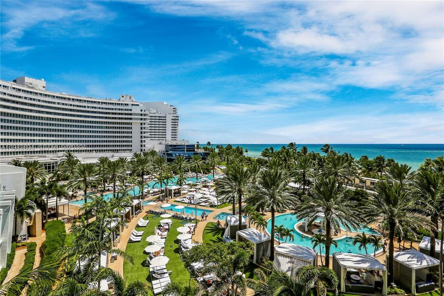 Rare opportunity to own a beautiful 2BD, 2.5BA residence at the Fontainebleau III Sorrento Tower Miami Beach, conveniently located on the same floor as the owner's lounge & owners pool. Enjoy beautiful ocean and hotel pool grounds views from this fully furnished, turnkey apartment. This unit offers a full kitchen, two king beds, two sleeper sofas, 2 private balconies, washer/dryer, and soaring ceilings throughout. Enroll in the hotel rental program & receive income while away! The Fontainebleau resort offers luxury amenities on 22 oceanfront acres including award-winning restaurants, bakery, shops, LIV night club, Lapis spa & state-of-the-art fitness center. Maintenance fees include AC, electricity, valet + daily free breakfast in owner’s lounge.