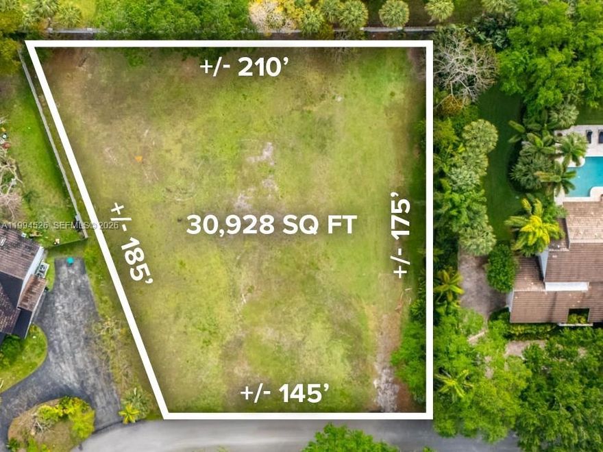 Largest lot on the market in Palmetto Bay! Rare opportunity to own a spectacular 0.71-acre vacant lot on high ground in coveted Pine Bay Estates South. Encompassing 30,928 square feet, this site offers the perfect canvas to build a custom dream home or pursue an investment project. Pine Bay Estates South is a beautifully maintained enclave of 60 properties in sought-after Palmetto Bay, ideally situated near Westminster Schools, Coral Reef Elementary, 50-acre Coral Reef Park, 444-acre Deering Estate and Nature Preserve, and an array of nearby conveniences. Approximate lot dimensions are 175 feet deep, 145 feet wide at the front, and 220 feet across the rear. Please inquire for survey.