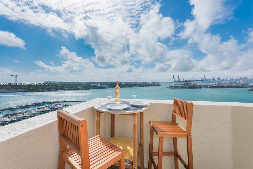 Seasonal Rent. Available from May 1st until Dec 20th, 2026. One-of-a-kind corner 2-bedroom & 2 bathroom unit fully furnished at the Yacht Club. The best line with a wraparound balcony and open views to the bay, the marina, the ocean, and the government cut from every room. Split floor plan with French doors opening to the second bedroom/office. Enjoy the great amenities, including a pool area, a tennis court, and a barbecue area. Steps away from the best restaurants in town, the beach, South Pointe Park, and much more.