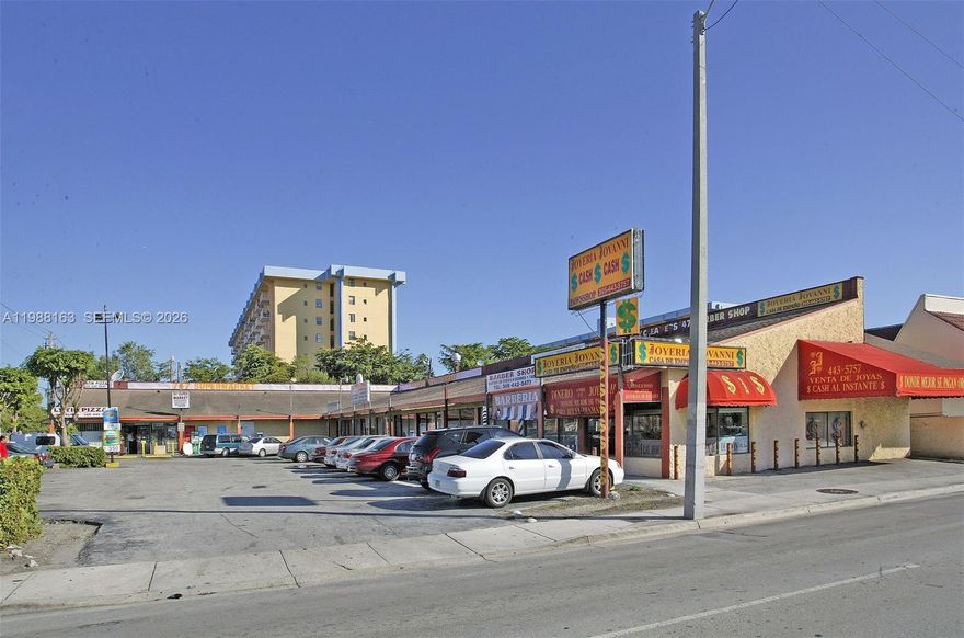 Fully leased neighborhood retail strip center offering stable in-place income (100% occupied) with strong tenancy mix and immediate cash flow. Positioned on a prominent corner lot along NW 7th Street, the property benefits from high visibility and consistent consumer traffic within one of Miami’s primary service corridors.
The asset is strategically located along a major east-west arterial roadway with approximately 44,744 vehicles per day (VPD), providing excellent exposure and accessibility. The corridor serves as a key commercial and transit link, located approximately 0.5 miles from SR 836 (Dolphin Expwy) and 2 miles from SR 826 (Palmetto Expwy). 
Zoned T6-8-O, the property allows for high-density mixed-use development and qualifies under the Live Local Act for affordable and workforce housing. While currently positioned as an income-producing investment, the asset offers long-term redevelopment potential.
Pro forma stabilization supports an estimated cap rate of approximately 5.6%, with significant upside through rent growth toward market levels.
An Offering Memorandum is available that outlines a conceptual affordable/senior housing development scenario, including the financing structure and capital stack. This is not an approved project but illustrates future potential.
The submarket is currently favoring stabilized retail assets, with limited new retail development, positioning this opportunity as a covered land play with strong current income and future upside.