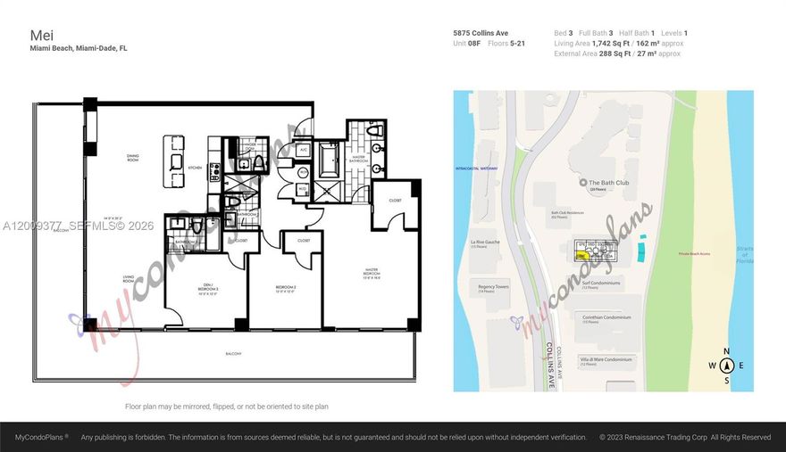 BE ONE OF THE VERY FEW TO OWN AND LIVE AT MEI, A REFINED BOUTIQUE OCEANFRONT CONDOMINIUM OF ONLY 134 DWELLINGS, AT THE NORTHERN END OF MIAMI BEACH MILLONAIRES ROW, RIGHT NEXT TO THE EMBLEMATIC BATH CLUB. THE ASIAN INSPIRED LOBBY GREETS YOU TO AMAZING AMENITIES THAT INCLUDE GYM WITH SAUNA, STEAM ROOM AND MASSAGE ROOM; AND A LOUNGE AREA WITH LIBRARY THAT CAN BE RESERVED FOR PRIVATE EVENTS. OUTDOORS THE HEATED POOL DECK WITH SEPARATE JACUZZI LEADS TO THE SCENIC BEACHWALK THAT RUNS ALONG 9 MILES FROM SOUTH POINT PARK TO BAL HARBOUR JETTY, PERFECT FOR WALKING, JOGGING OR BIKING, PASSING ICONIC HOTELS AND OCEAN VIEWS. 
BEYOND THE BEACHWALK, MEI OFFERS COMPLETE BEACH SERVICES TO ITS RESIDENTS AND THEIR GUESTS.
RESIDENCE 708 IS AN EXPANSIVE 3 BEDROOM AND 3.5 BATHROOM UNIT SUROUNDED BY ALMOST 300 SQ FT OF TERRACE WITH VIEWS TO THE CITY, THE INTRACOASTAL AND THE OCEAN. ALL ROOMS HAVE FLOOR TO CEILING HIGH IMPACT GLASS WINDOWS WITH SLIDING DORS OPENING TO THE TERRACE. THE UNIT COMES FULLY EQUIPPED WITH THE CUSTOMARY APPLIANCES AND CENTRAL COOLING AND HEATING.